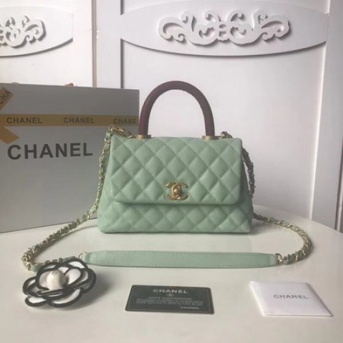 Оригинална чанта Chanel Caviar с капак от кожа с горна дръжка A92990 в цвят мента зелено