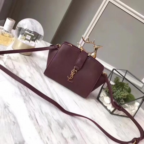 SAINT LAURENT Monogram Cabas малка кожена чанта за през рамо 3805 Винено