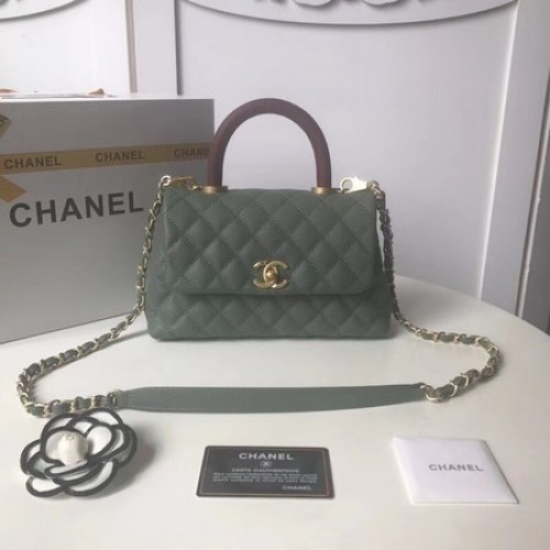 Оригинална чанта Chanel Caviar с капак от кожа с горна дръжка A92990, черно-зелена