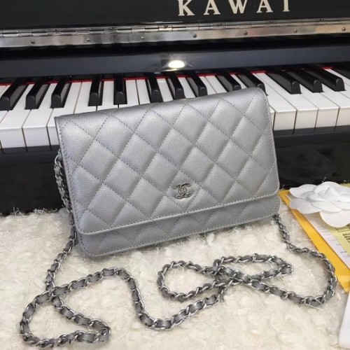 Чанта Chanel Original Caviar Leather Flap през рамо CF33814 Сребристо сива Сребърна верижка