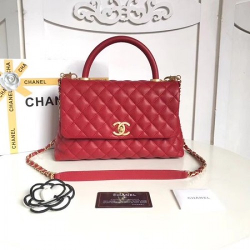 Класическа чанта Chanel с горна дръжка, оригинална, от хайвер кожа A92215, червена