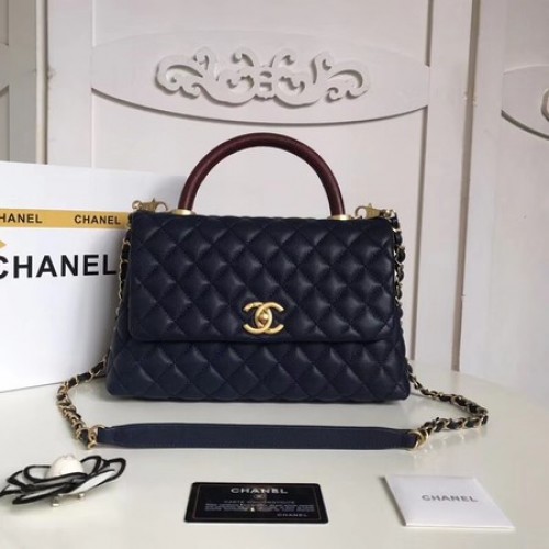 Чанта Chanel Classic Deep Red с горна дръжка, оригинална, от хайвер кожа A92215, кралско синьо