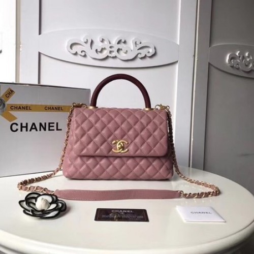 Класическа чанта Chanel с червена горна дръжка, оригинална кожа A92215, розова