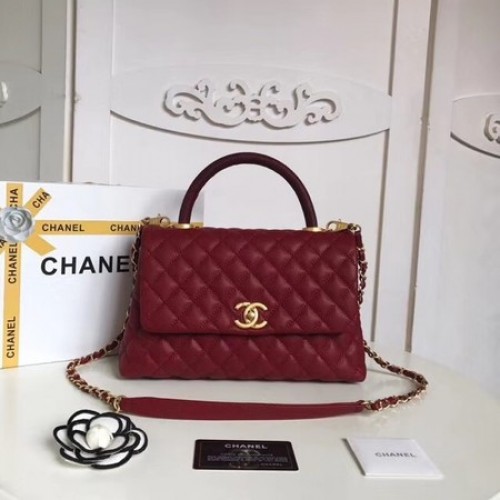 Класическа чанта Chanel с горна дръжка, оригинална, от хайвер кожа A92215, тъмночервена