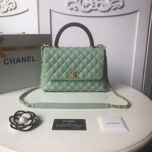 Оригинална чанта Chanel Caviar с капак от кожа с горна дръжка A92991 в цвят мента зелено