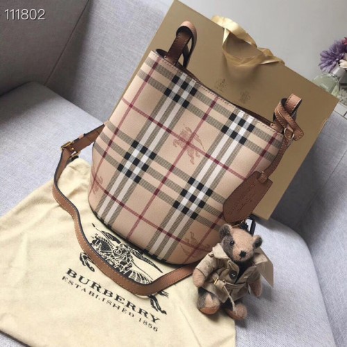 Малка винтидж чанта тип „тоут“ BURBERRY Banner с каре и кожена каишка 1581 кафява