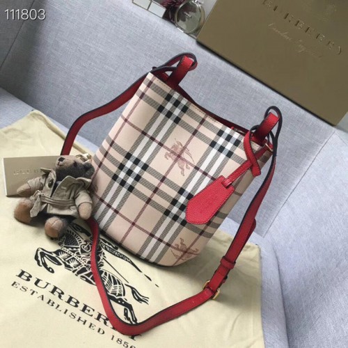 Малка винтидж чанта тип „тоут“ BURBERRY Banner с каре и кожена каишка 1581 червена