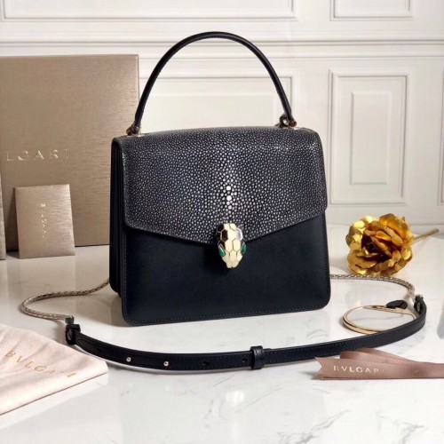 Чанта за рамо BVLGARI Serpenti Forever Devil Pearl Fish Skin от кожа 058962 черна