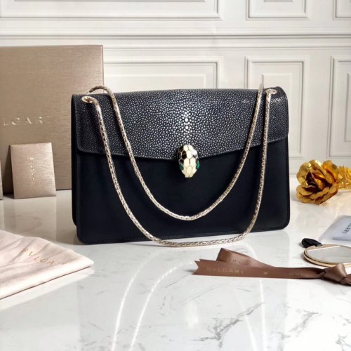 Чанта за рамо BVLGARI Serpenti Forever от перлена риба и телешка кожа 289013 черна