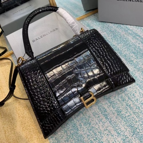 Чанта Balenciaga HOURGLASS със средна дръжка отгоре B108892E в черно и златисто-кафяв цвят