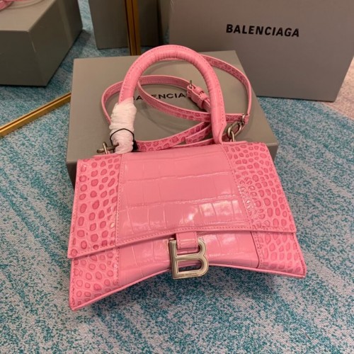 Малка чанта Balenciaga HOURGLASS с горна дръжка, релефна телешка кожа от крокодилска кожа B108895E, розова