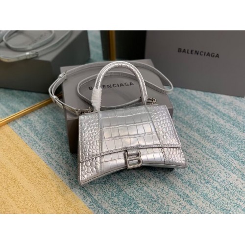 МАЛКА ЧАНТА Balenciaga HOURGLASS С ДРЪЖКА ВЪРХУ ОТ ТЕЛЕШКА КОЖА, РЕФЛЕКТИРАНА ОТ КРОЛИДСКА КОЖА B108895E, СРЕБЪРНА