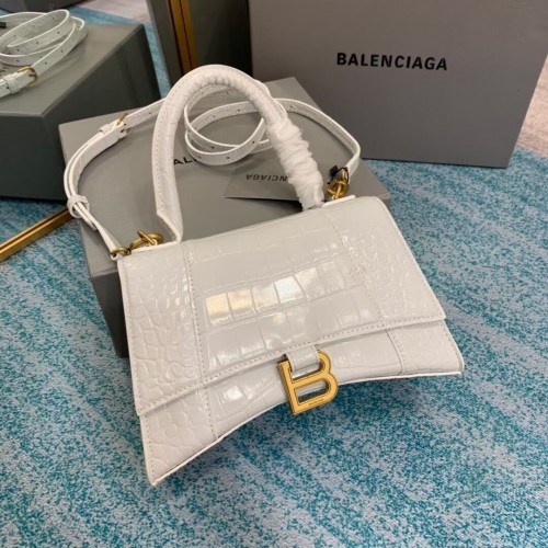 Малка чанта Balenciaga HOURGLASS с горна дръжка, релефна телешка кожа от крокодилска кожа B108895E, бяла