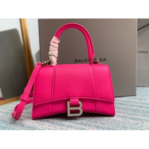 Чанта Balenciaga HOURGLASS XS с горна дръжка, зърнеста телешка кожа B108896, неоново розова