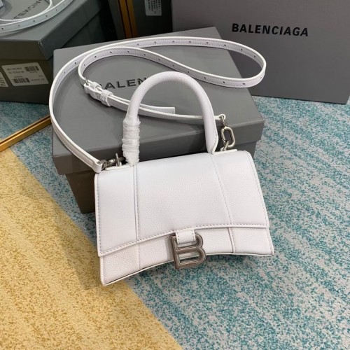 Чанта Balenciaga HOURGLASS XS с горна дръжка, зърнеста телешка кожа B108896, бяла