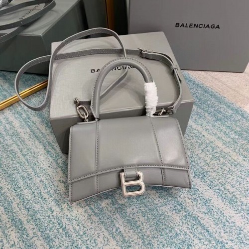 Чанта Balenciaga Hourglass XS с горна дръжка, лъскава телешка кожа 28331, сива
