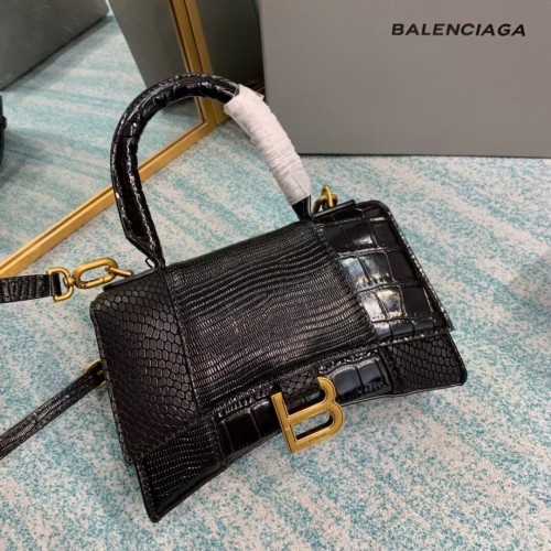 Чанта Balenciaga Hourglass XS с горна дръжка, лъскава телешка кожа с релефно крокодилско покритие B108892E черна