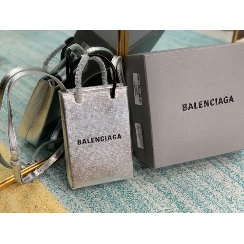 Оригинална кожена мини чанта за пазаруване Balenciaga B152865 Сребриста