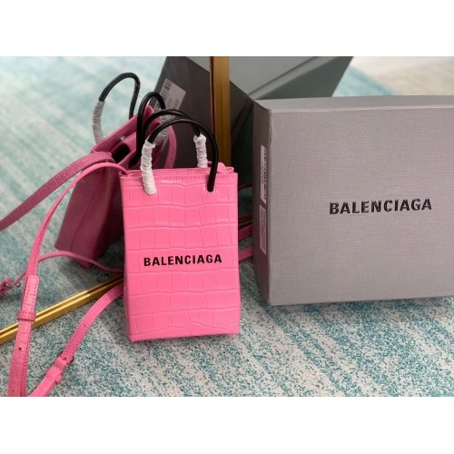 Мини чанта за пазаруване Balenciaga Original от лъскава крокодилска релефна кожа B152865 розова