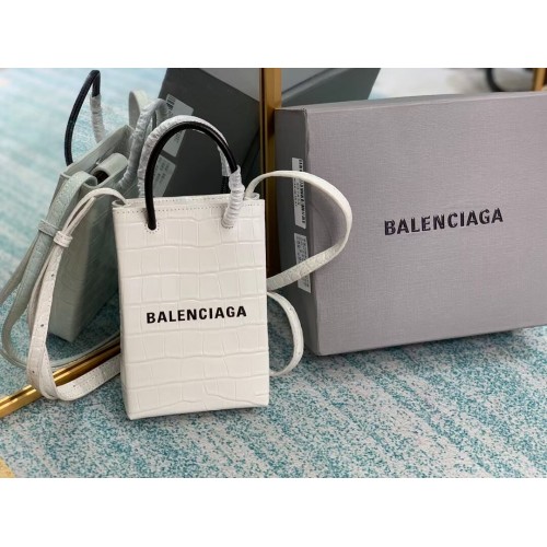 Мини чанта за пазаруване Balenciaga Original от лъскава крокодилска релефна кожа B152865 бяла