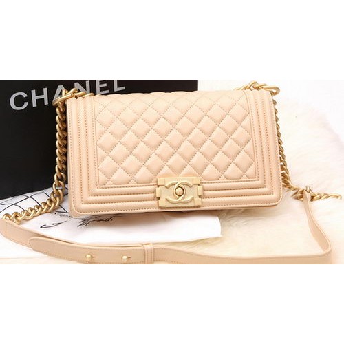 Чанта Boy Chanel Flap, оригинална, кайсиева, перлена, овча кожа A67086, златиста