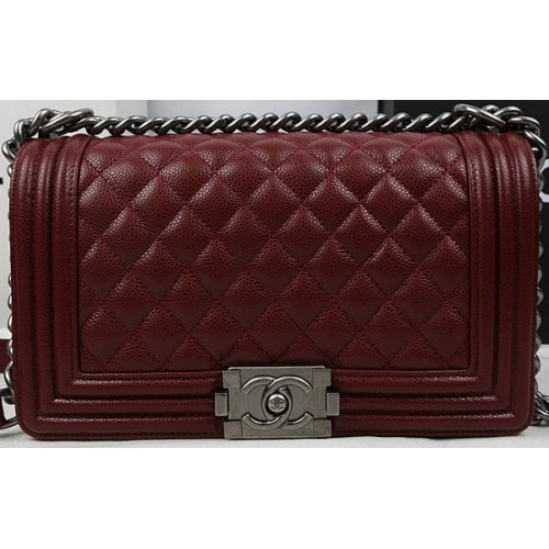 Чанта Boy Chanel Flap Original с бордо Cannage Pattern A67025, сребриста
