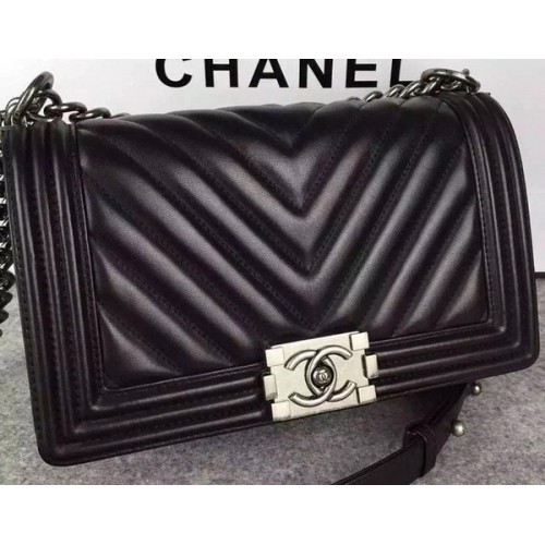 Чанта Boy Chanel с капак, оригинална, Chevron, от естествена кожа, A5708, черна