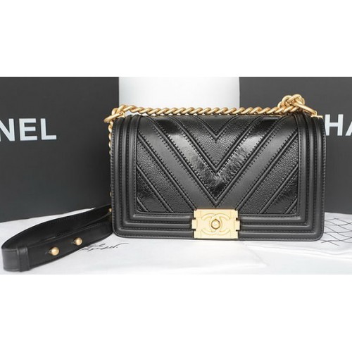 Чанта Boy Chanel Flap, оригинална, Chevron, овча кожа A92193, черна
