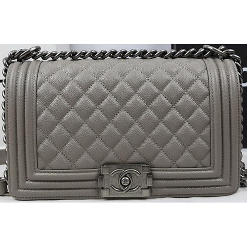 Чанта Boy Chanel Flap, оригинална, сива, с шарка Cannage, A67025, сребриста
