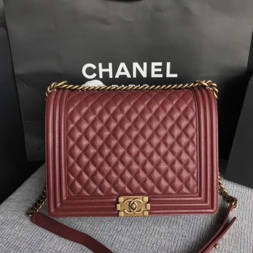 Чанта за рамо Boy Chanel с капак, вино, оригинален модел Cannage A67087, златист цвят