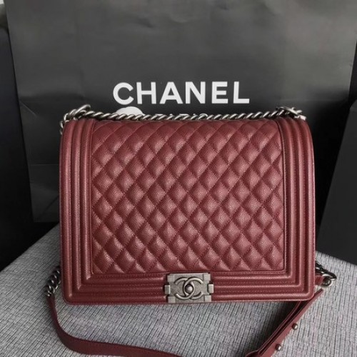 Чанта за рамо Boy Chanel с капак, вино, оригинален модел Cannage A67087, сребриста