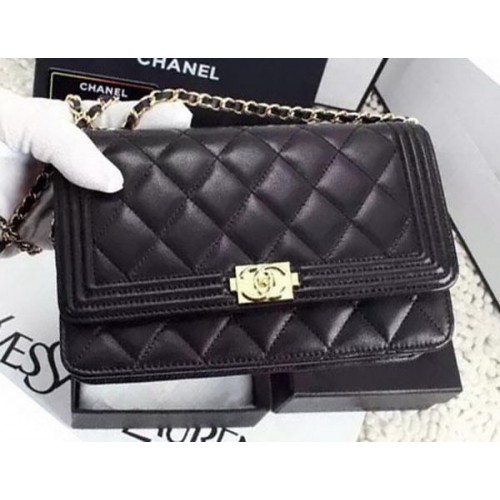 Чанта Boy Chanel WOC Flap от черна овча кожа A1119 златиста