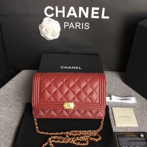 Чанта Boy Chanel WOC Flap, оригинална, от телешка кожа CHA6040, тъмночервена