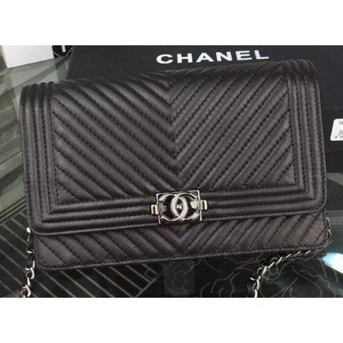 Чанта Boy Chanel WOC Flap, оригинална, Chevron, овча кожа A53731, черна