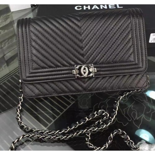 Чанта Boy Chanel WOC Flap, оригинална, Chevron, овча кожа CHA4742, черна