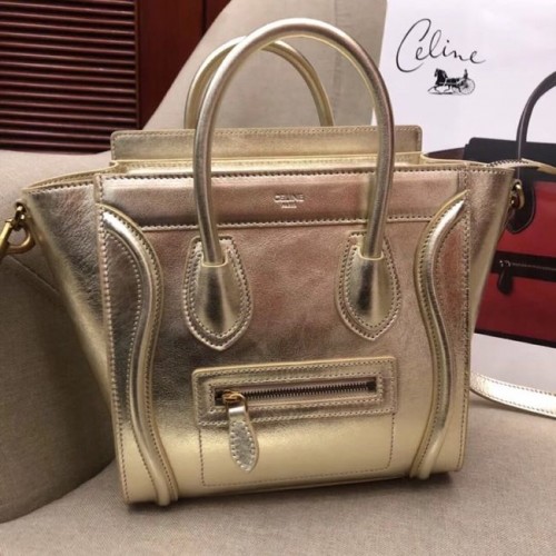 Чанта за багаж Celine Micro от ламинирана агнешка кожа 189793 златиста