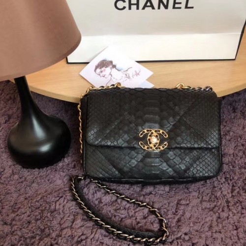 Чанта CHANEL 19 Flap Bag Оригинална чанта с капак от змийска кожа AS1160 Черна