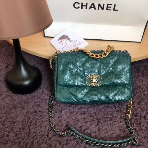 Чанта CHANEL 19 Flap Bag Оригинална чанта с капак от змийска кожа AS1160 зелена