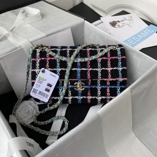 Чанта CHANEL 19 Flap, вълнен туид, златисто покритие, метал AS1161, черна