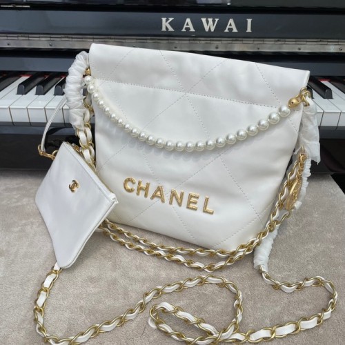 Чанта Chanel Mini 22, метална, от телешка кожа, златиста, метална, AS3989, бяла