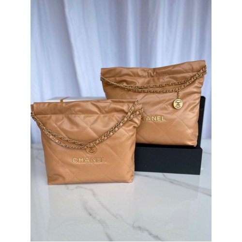 Чанта CHANEL 22 от лъскава телешка кожа, златист метал, AS3261, AS3260, кафява