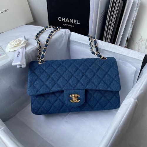 Чанта CHANEL CLASSIC, деним с щампа, златист метал, 1112, син
