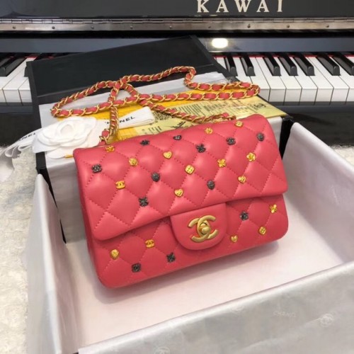 Класическа чанта CHANEL от агнешка кожа, златист цвят, метал с рутениево покритие A01116 червена