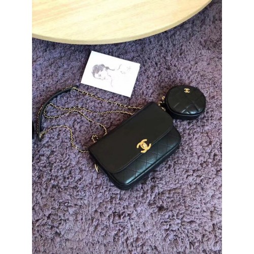 Чанта с капак CHANEL от агнешка кожа и златист метал AS1094 черна