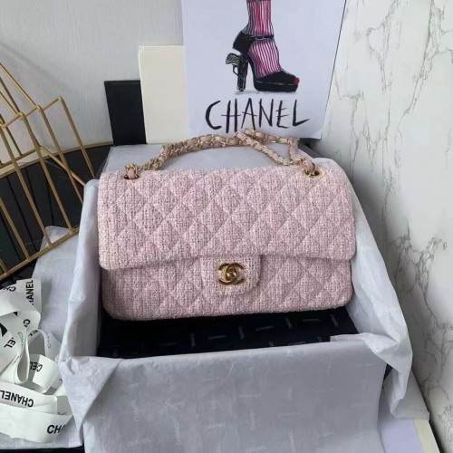 Чанта с капак CHANEL MEDIUM от туид, плетена телешка кожа, златист метал, 1112 розов
