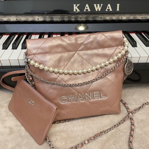 Чанта Chanel Mini 22, метална, от телешка кожа, сребриста, метална, AS3989, розова