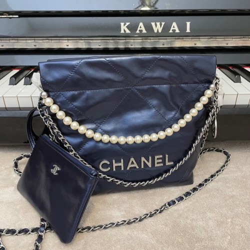 Чанта Chanel Mini 22, метална, телешка кожа, сребриста, метална, AS3989, кралско синьо