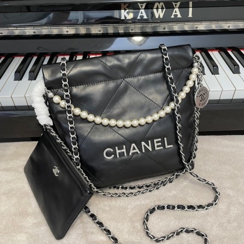 Чанта Chanel Mini 22, метална, от телешка кожа, сребриста, метална, AS3989, черна