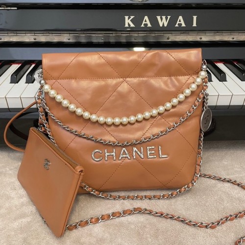 Чанта Chanel Mini 22, метална, от телешка кожа, сребриста, метална, AS3989, кафява