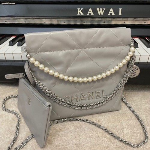 Чанта Chanel Mini 22, метална, от телешка кожа, сребриста, метална, AS3989, сива